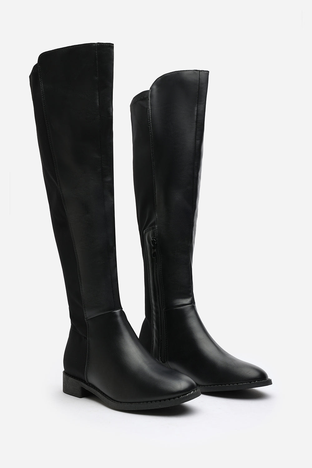 Katie Black Faux Leather Stretch Over Knee Flat Riding Boots