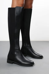 Katie Black Faux Leather Stretch Over Knee Flat Riding Boots