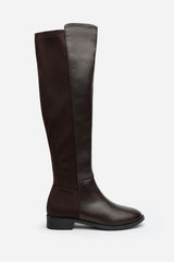 Diem Over the Knee Pull On Boots with Low Heel In Dark Brown Faux Leather