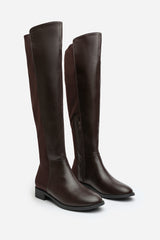 Diem Over the Knee Pull On Boots with Low Heel In Dark Brown Faux Leather