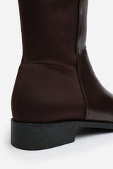 Diem Over the Knee Pull On Boots with Low Heel In Dark Brown Faux Leather