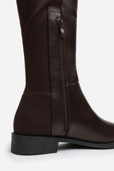 Diem Over the Knee Pull On Boots with Low Heel In Dark Brown Faux Leather