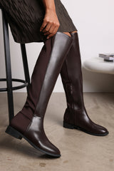 Diem Over the Knee Pull On Boots with Low Heel In Dark Brown Faux Leather
