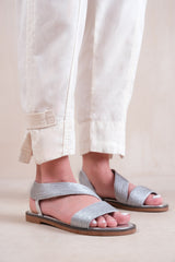 STUDIO FLAT SANDALS WITH THREADED WIDE STRAPS IN SILVER FAUX LEATHER