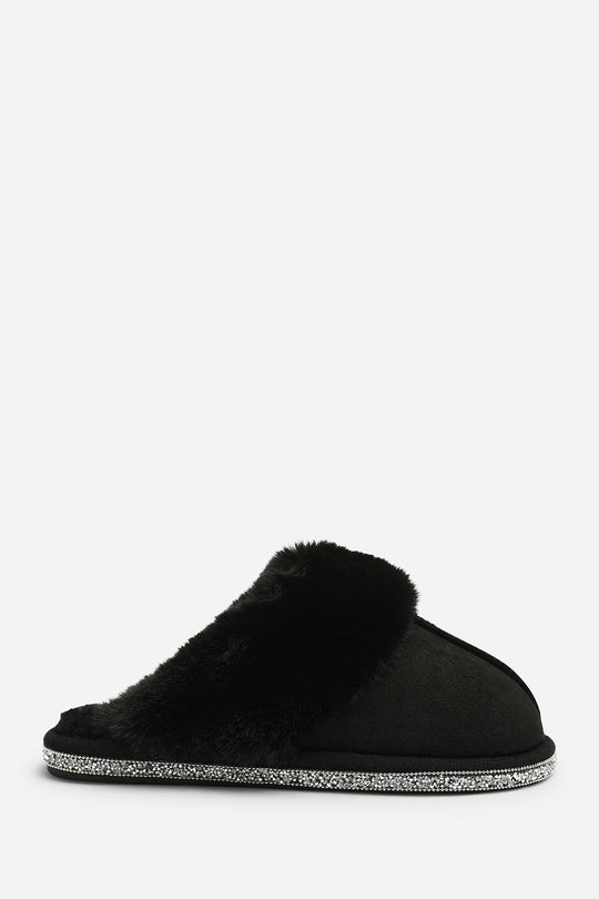 Dovina Diamante Trim Detail Faux Fur Trim Mule Slippers In Black Suede
