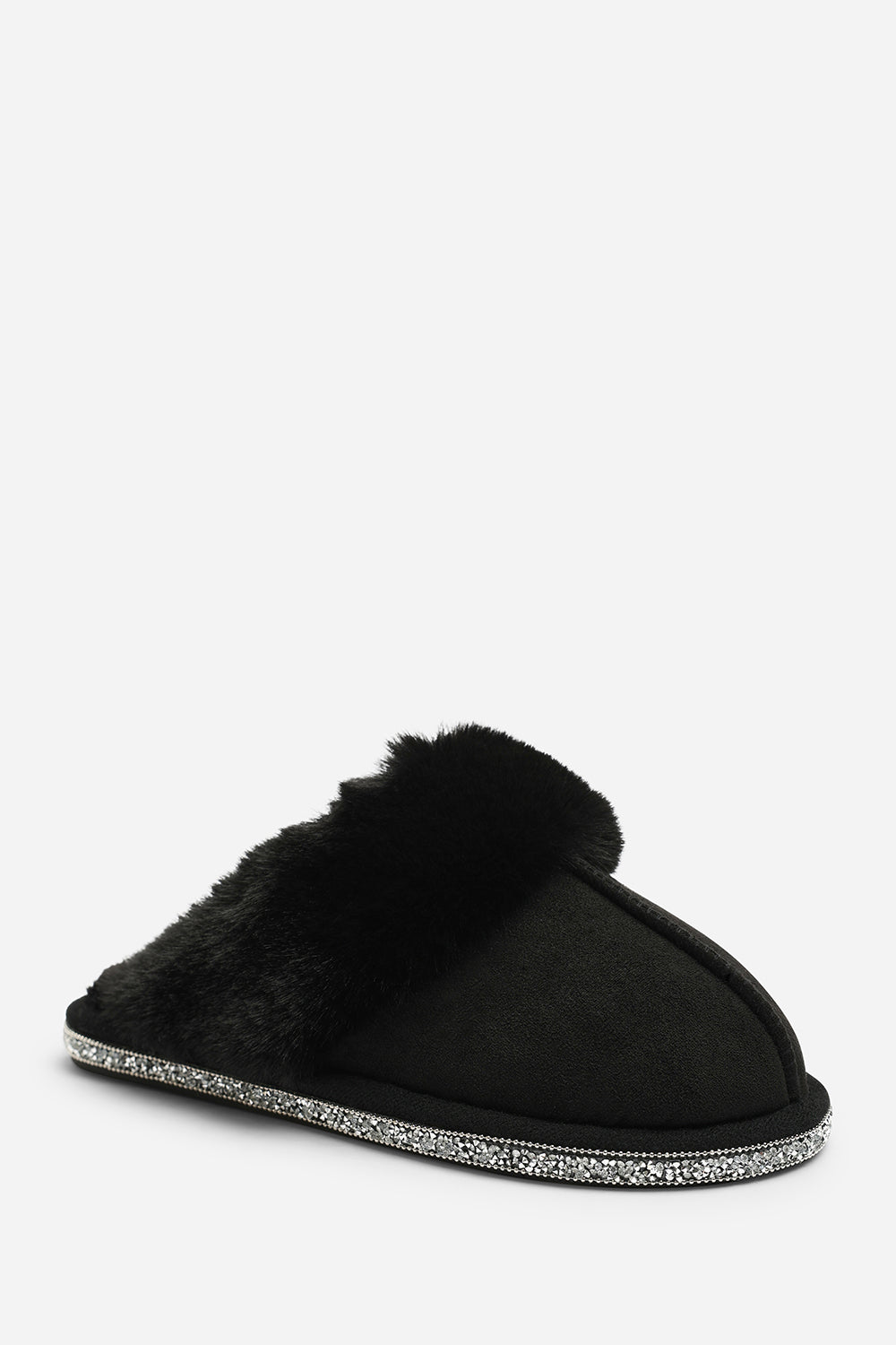 Dovina Diamante Trim Detail Faux Fur Trim Mule Slippers In Black Suede