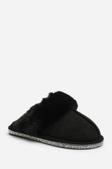 Dovina Diamante Trim Detail Faux Fur Trim Mule Slippers In Black Suede