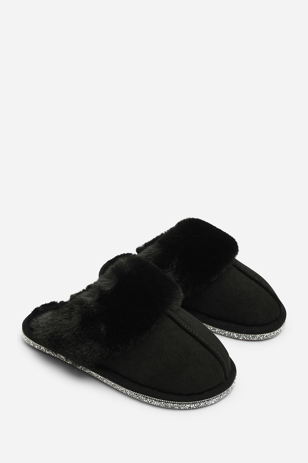 Dovina Diamante Trim Detail Faux Fur Trim Mule Slippers In Black Suede