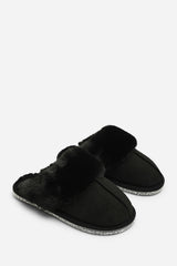 Dovina Diamante Trim Detail Faux Fur Trim Mule Slippers In Black Suede