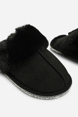 Dovina Diamante Trim Detail Faux Fur Trim Mule Slippers In Black Suede