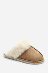 Dovina Diamante Trim Detail Faux Fur Trim Mule Slippers In Camel Suede
