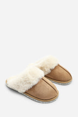 Dovina Diamante Trim Detail Faux Fur Trim Mule Slippers In Camel Suede
