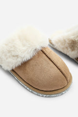 Dovina Diamante Trim Detail Faux Fur Trim Mule Slippers In Camel Suede