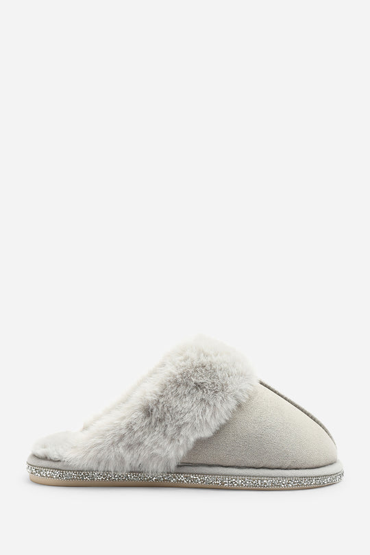 Dovina Diamante Trim Detail Faux Fur Trim Mule Slippers In Grey Suede