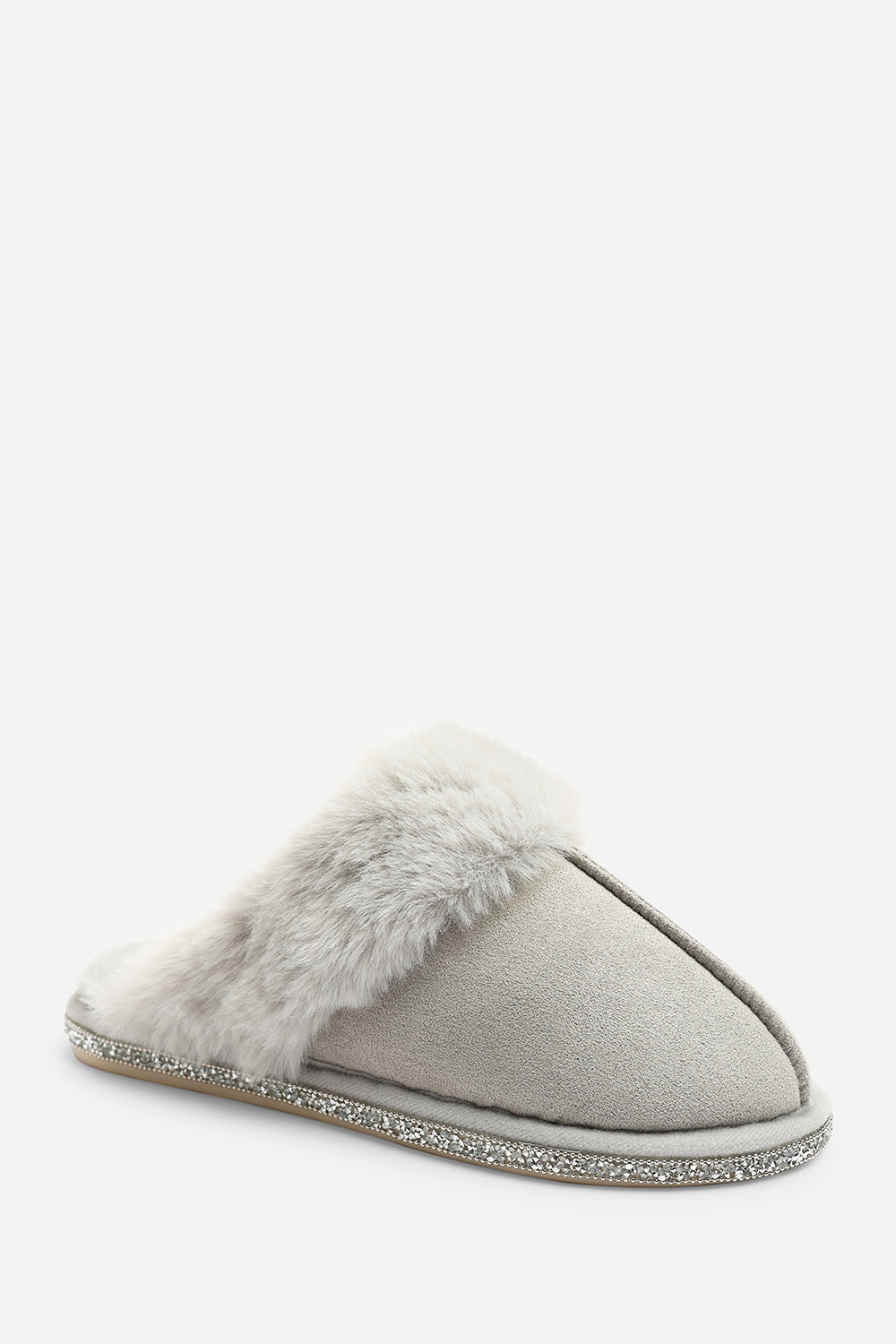 Dovina Diamante Trim Detail Faux Fur Trim Mule Slippers In Grey Suede