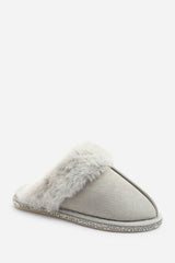 Dovina Diamante Trim Detail Faux Fur Trim Mule Slippers In Grey Suede