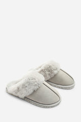 Dovina Diamante Trim Detail Faux Fur Trim Mule Slippers In Grey Suede