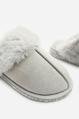 Dovina Diamante Trim Detail Faux Fur Trim Mule Slippers In Grey Suede