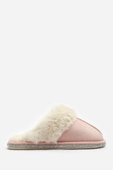 Dovina Diamante Trim Detail Faux Fur Trim Mule Slippers In Pink Suede