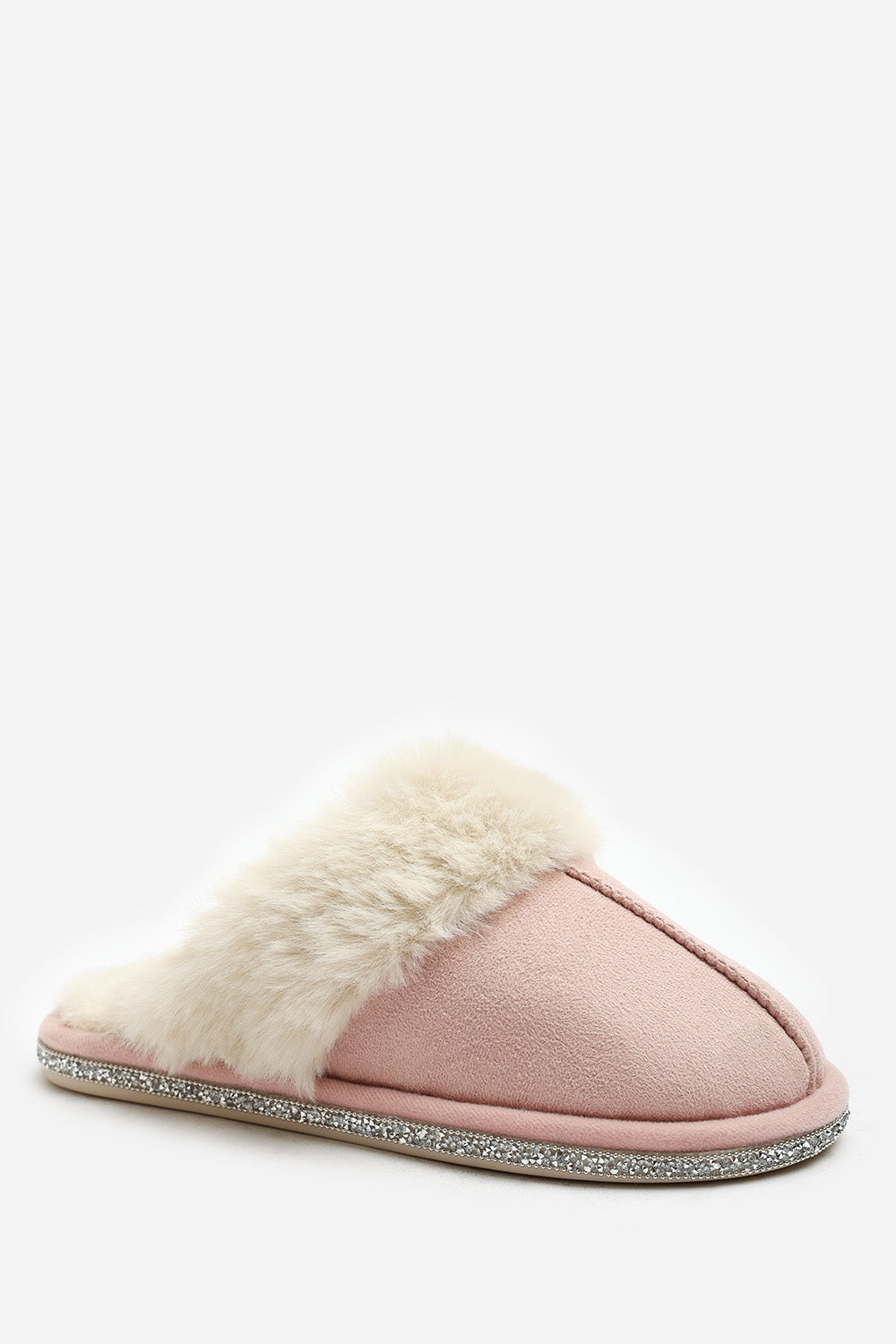 Dovina Diamante Trim Detail Faux Fur Trim Mule Slippers In Pink Suede