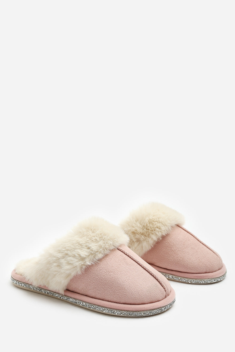 Dovina Diamante Trim Detail Faux Fur Trim Mule Slippers In Pink Suede