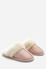 Dovina Diamante Trim Detail Faux Fur Trim Mule Slippers In Pink Suede