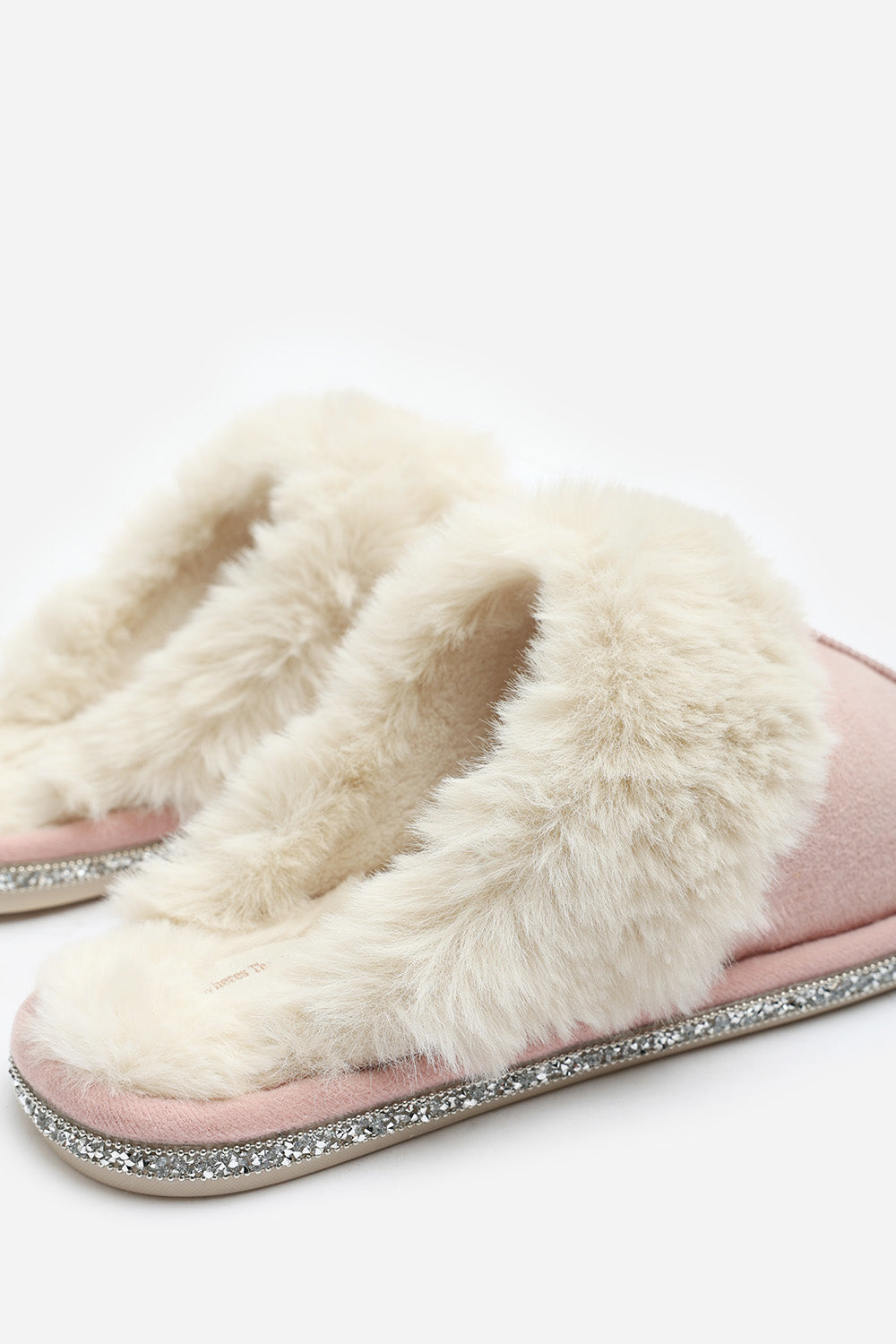 Dovina Diamante Trim Detail Faux Fur Trim Mule Slippers In Pink Suede