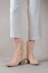 RODEO COWBOY BOOTS WITH SELF COLOR EMBROIDERY AND SIZE ZIP IN BEIGE SUEDE