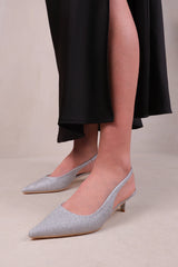 NEW FORM WIDE FIT LOW KITTEN HEELS WITH POINTED TOE & ELASTIC SLINGBACK IN SILVER FINE GLITTER