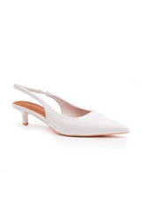 NEW FORM WIDE FIT LOW KITTEN HEELS WITH POINTED TOE & ELASTIC SLINGBACK IN WHITE FAUX LEATHER