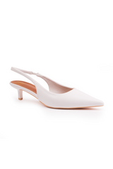 NEW FORM LOW KITTEN HEELS WITH POINTED TOE & ELASTIC SLINGBACK IN WHITE FAUX LEATHER