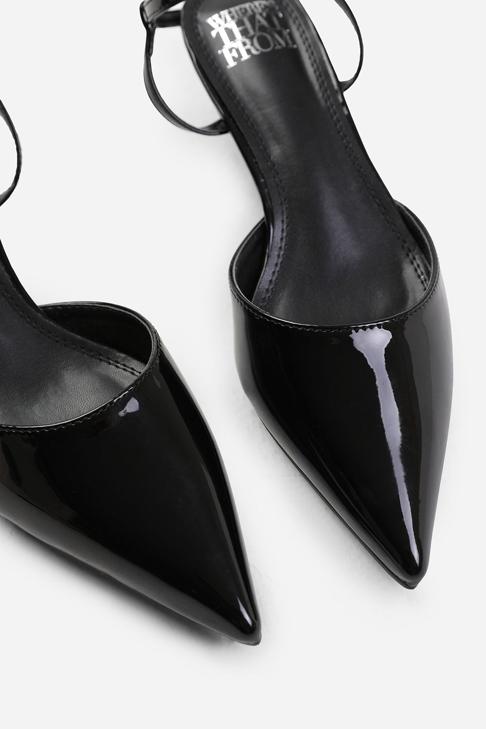 MALTA WIDE FIT LOW KITTEN HEELS WITH POINTED TOE AND ANKLE STRAP IN BLACK PATENT