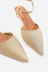 MALTA LOW KITTEN HEELS WITH POINTED TOE AND ANKLE STRAP IN GOLD FINE GLITTER