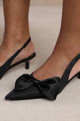 SANTORINI WIDE FIT LOW KITTEN HEELS WITH POINTED TOE AND BOW DETAIL IN BLACK SATIN