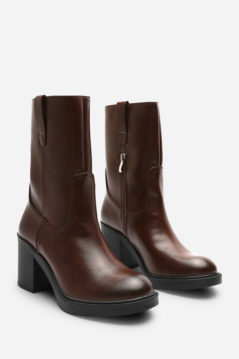 Virena Dark Brown Mid Calf Block Heel Boots with Side Zip Detail