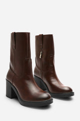 Virena Dark Brown Mid Calf Block Heel Boots with Side Zip Detail