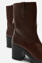 Virena Dark Brown Mid Calf Block Heel Boots with Side Zip Detail
