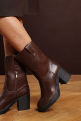 Virena Dark Brown Mid Calf Block Heel Boots with Side Zip Detail
