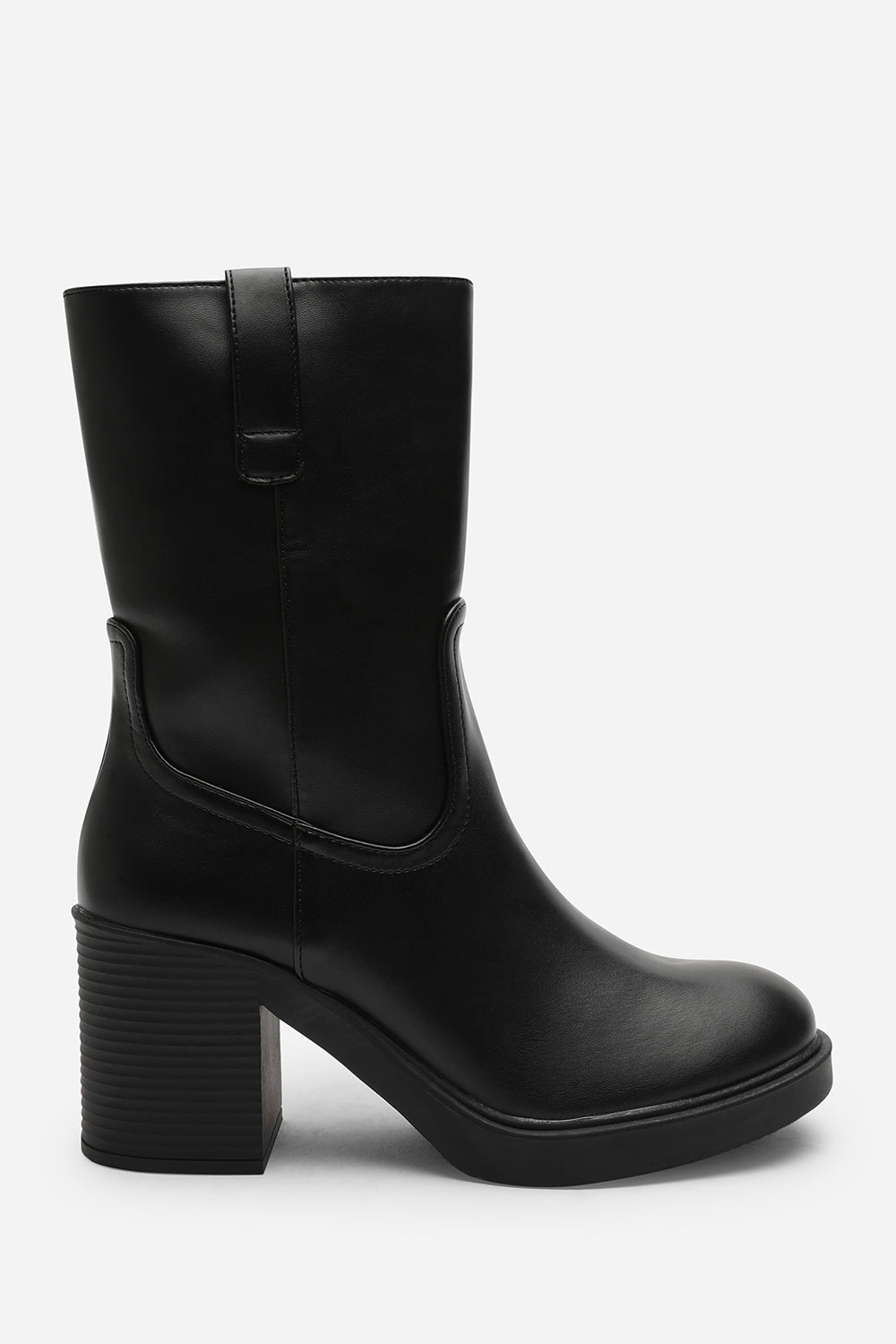 Virena Black Mid Calf Block Heel Boots with Side Zip Detail