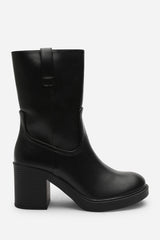 Virena Black Mid Calf Block Heel Boots with Side Zip Detail