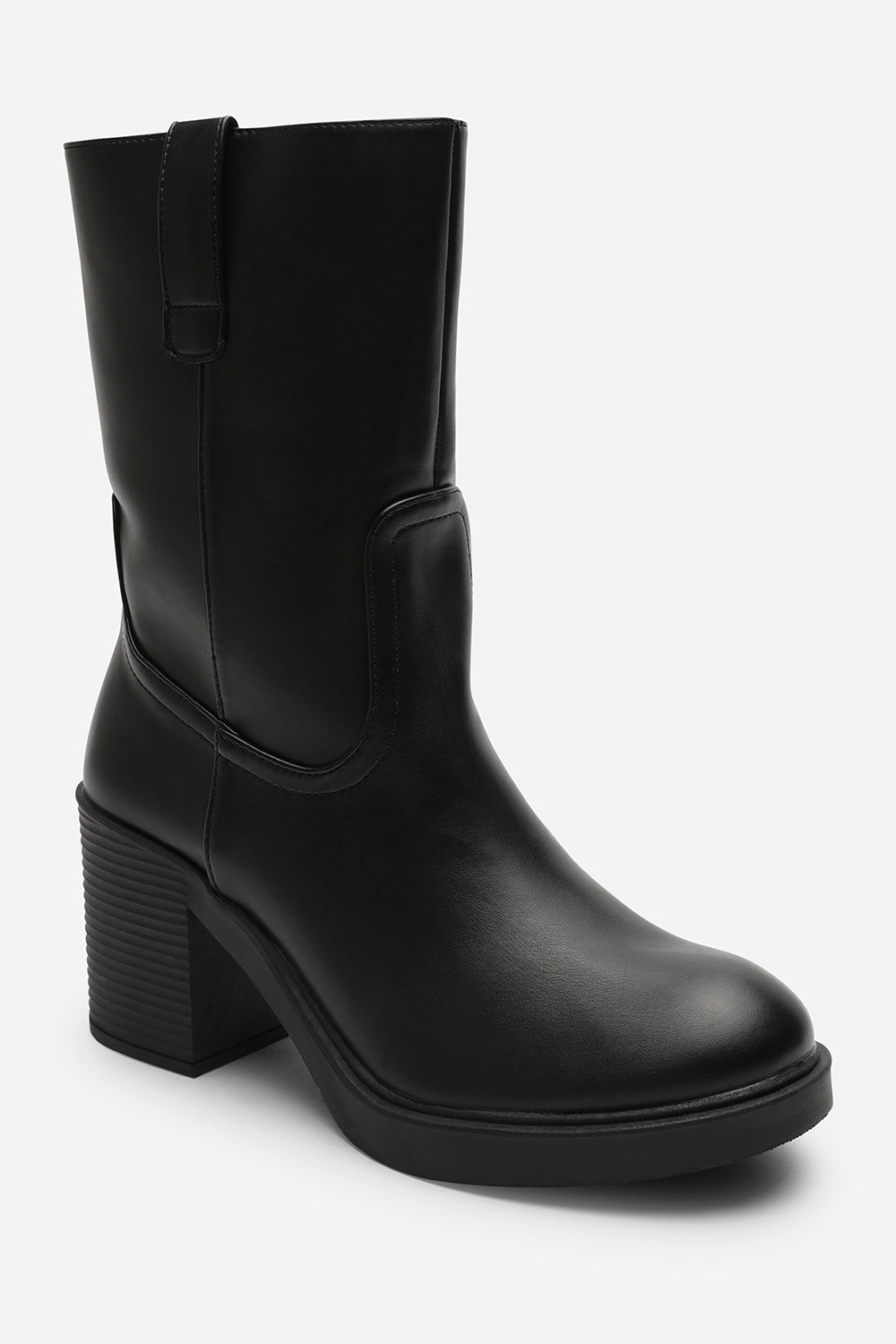 Virena Black Mid Calf Block Heel Boots with Side Zip Detail