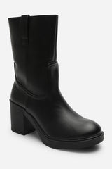 Virena Black Mid Calf Block Heel Boots with Side Zip Detail