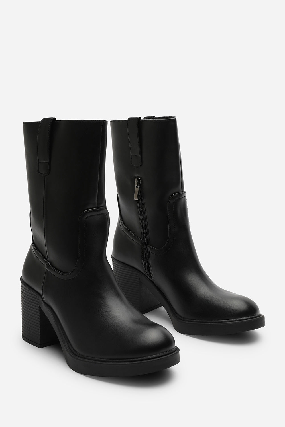 Virena Black Mid Calf Block Heel Boots with Side Zip Detail
