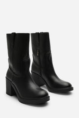 Virena Black Mid Calf Block Heel Boots with Side Zip Detail