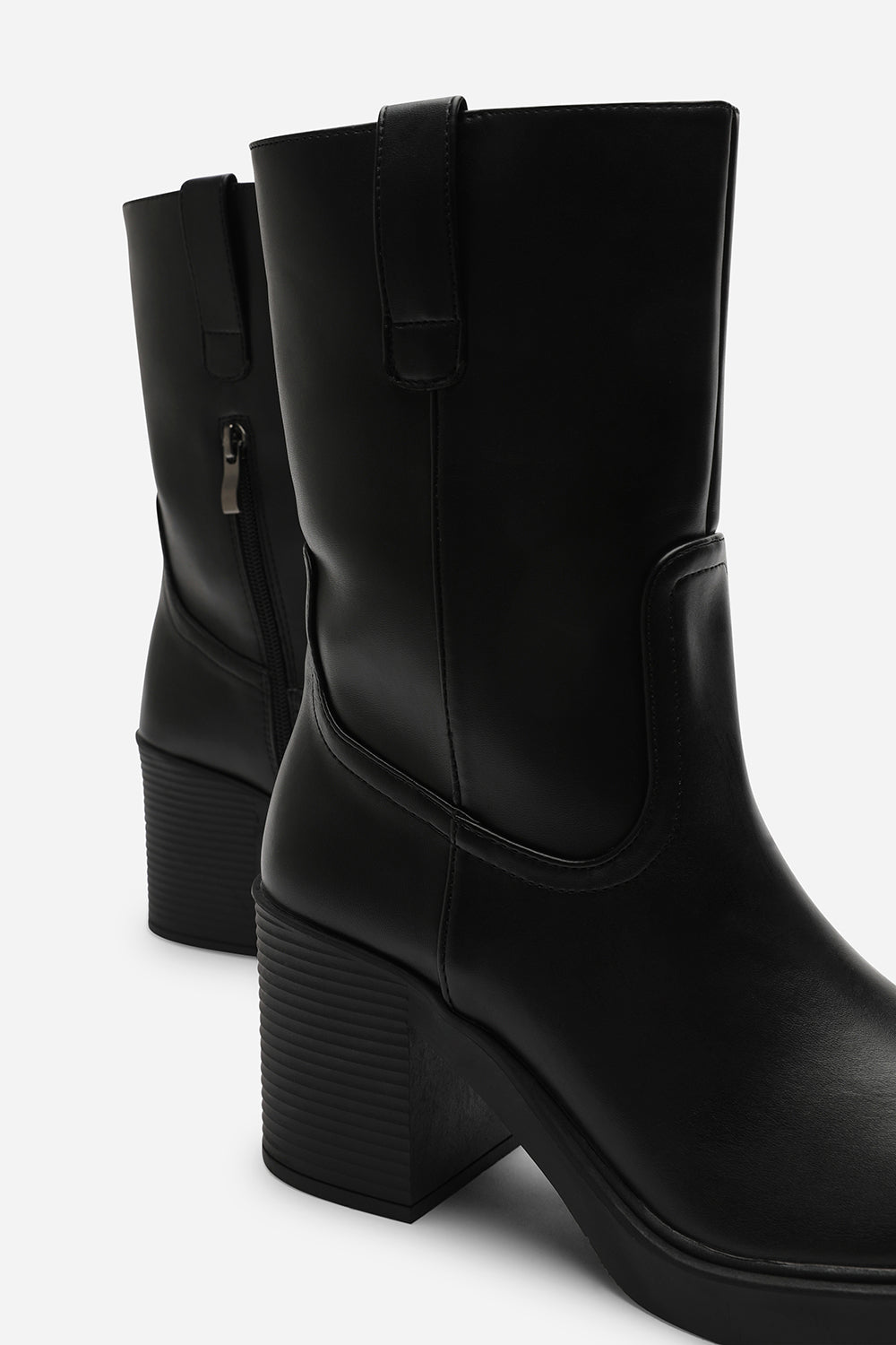 Virena Black Mid Calf Block Heel Boots with Side Zip Detail