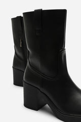 Virena Black Mid Calf Block Heel Boots with Side Zip Detail