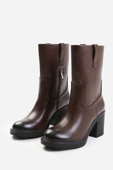 CHERISH MID CALF BOOT WITH SIDE ZIP IN DARK BROWN FAUX LEATHER