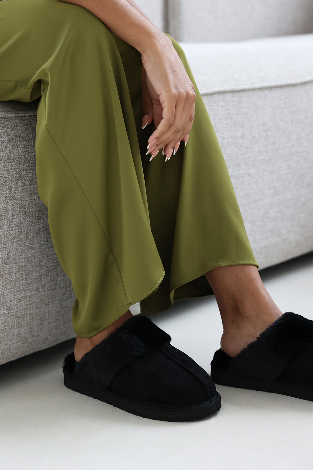 Sylvia Black Suede Mule Slippers With Cosy Faux Fur Trim