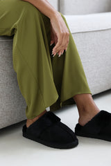 Sylvia Black Suede Mule Slippers With Cosy Faux Fur Trim