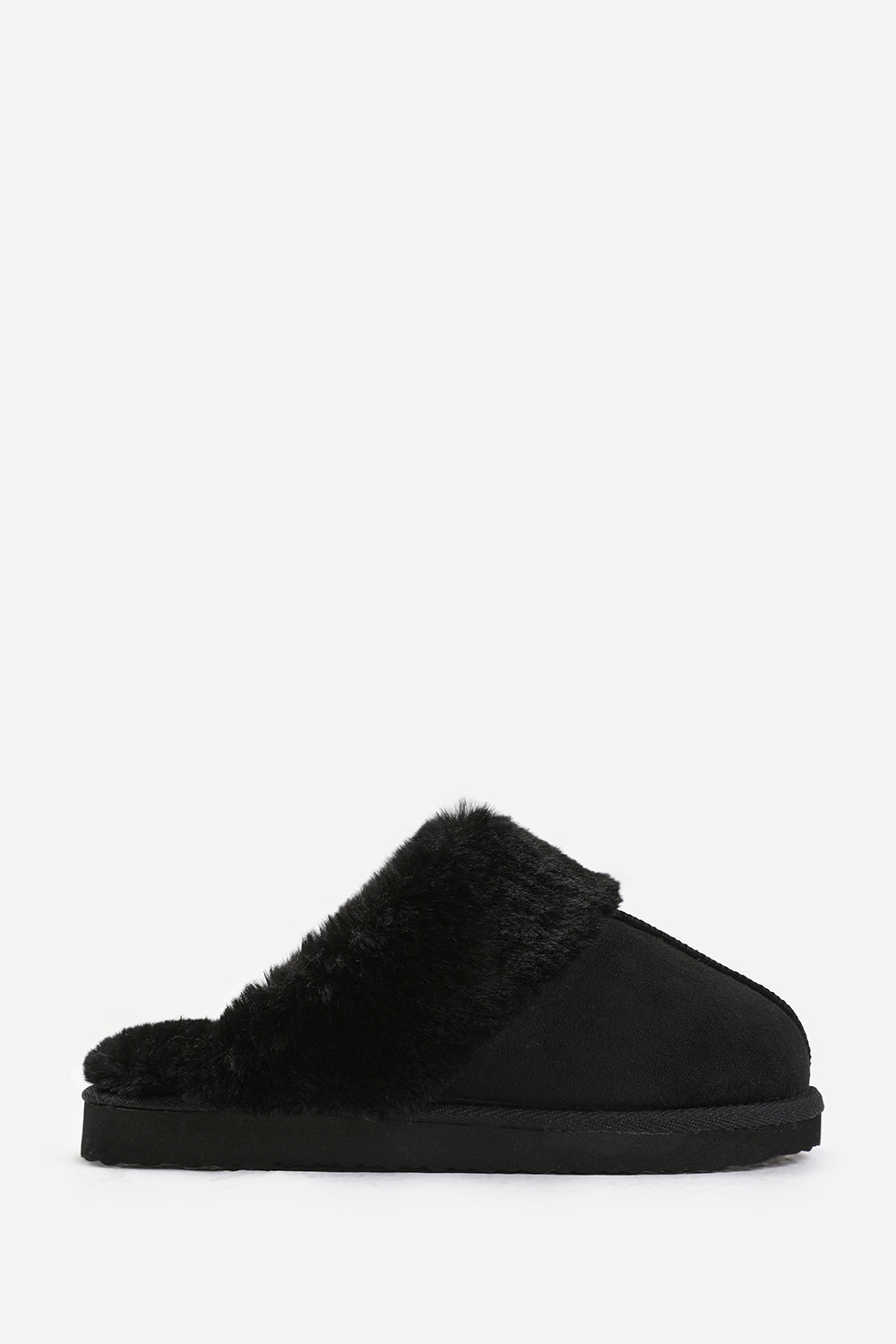 Sylvia Black Suede Mule Slippers With Cosy Faux Fur Trim